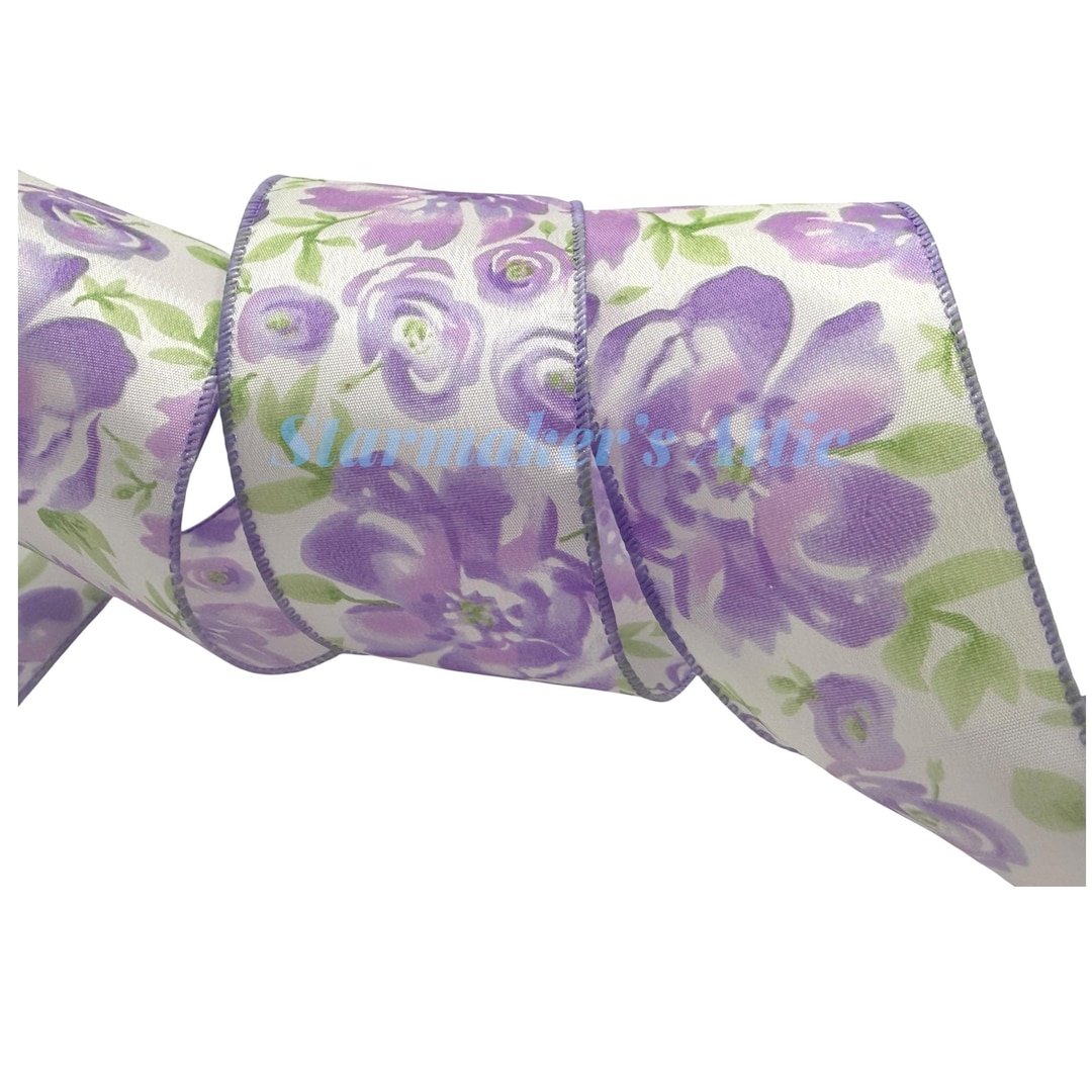 5 YARDS of 2.5-inch Wired Ribbon in White With Watercolor Purple Roses ...
