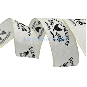 5 YARDS of 1.5 inch Cute Wired Ribbon in Off-White with Black Farmer's Market & Chickens - Bows Wreaths Decor Hair Bows Farmhouse Country