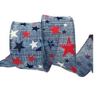 5 YARDS of 1.5 inch Wired Canvas Ribbon in Blue with Red White & Blue Stars - Bows Wreaths Decor Hair Bows Patriotic Independence Day July 4