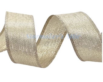 Beautiful 1.5 inch Wired Ribbon in Beige with Metallic Gold Thread - 5 YARDS For Bows Wreaths Decor Hairbows Christmas Valentine Anniversary