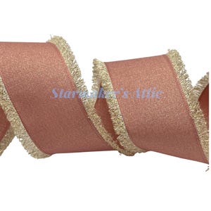 5 YARDS of 2.5-inch Wired Ribbon in Rose Gold Pink with Gold Threads and Frilly Gold Thread Edge - Bows Wreaths Decor Hair Bows Christmas