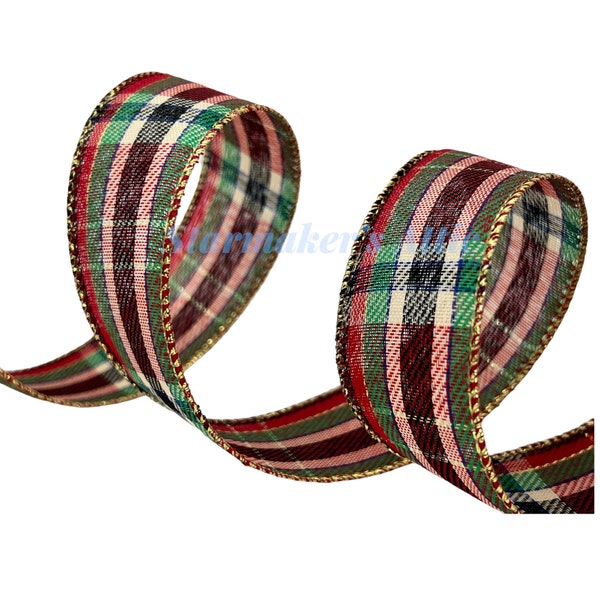 Beautiful 1.5 inch Wired Plaid Ribbon in Red, Green, Black and White - 5 YARDS For Bows Wreaths Decor Hairbows Christmas Farmhouse Holiday