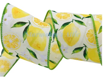 5 YARDS of 2.5 inch Wired Ribbon in Cream with Lemons, Lemon Slices and Flowers - Bows Wreaths Decor Hair Bows Summer Spring Citrus Lemonade