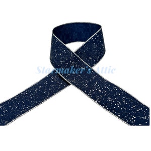 5 YARDS of 1.5 inch Wired Ribbon in Navy Blue with Silver Specks & Metallic Silver Edge Bows Wreaths Decorating Hair Bows Christmas Winter image 3