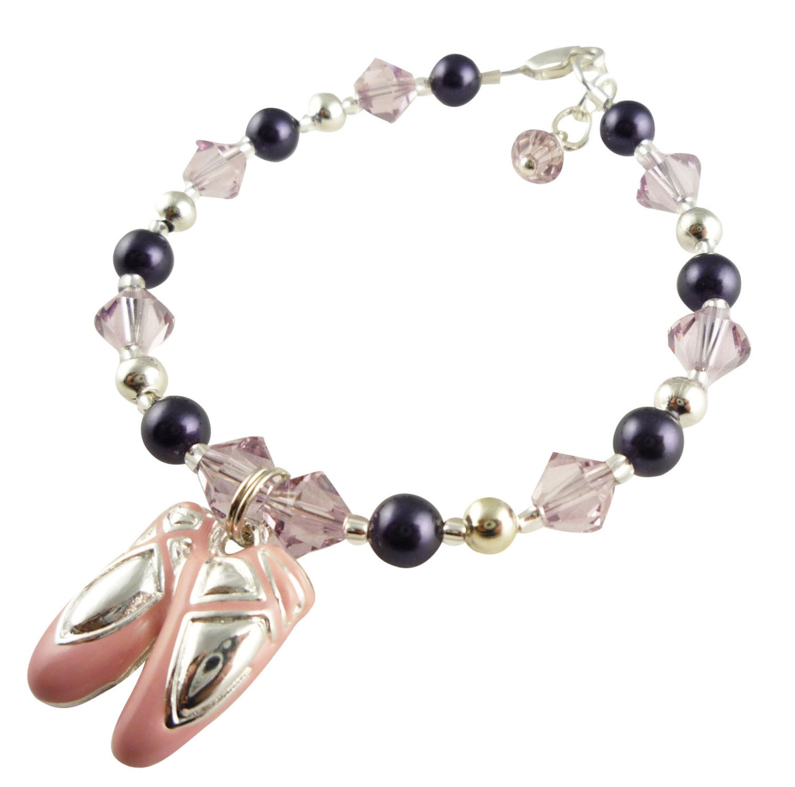 blue crystal ballet dance bracelet, charm recital bracelet- custom colors and size, pink ballet shoes