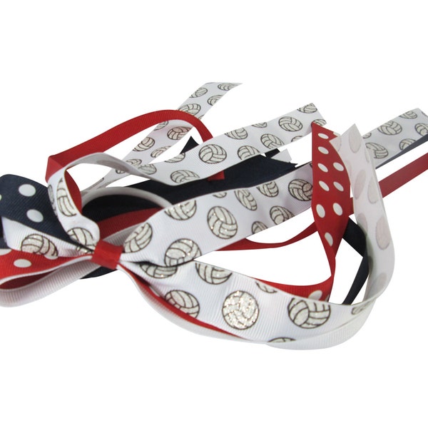 Volleyball Glitter Bow - Red Polka/ Navy White or choose Ribbons - Ponytail Streamer Holder, any sport or team for girls, school