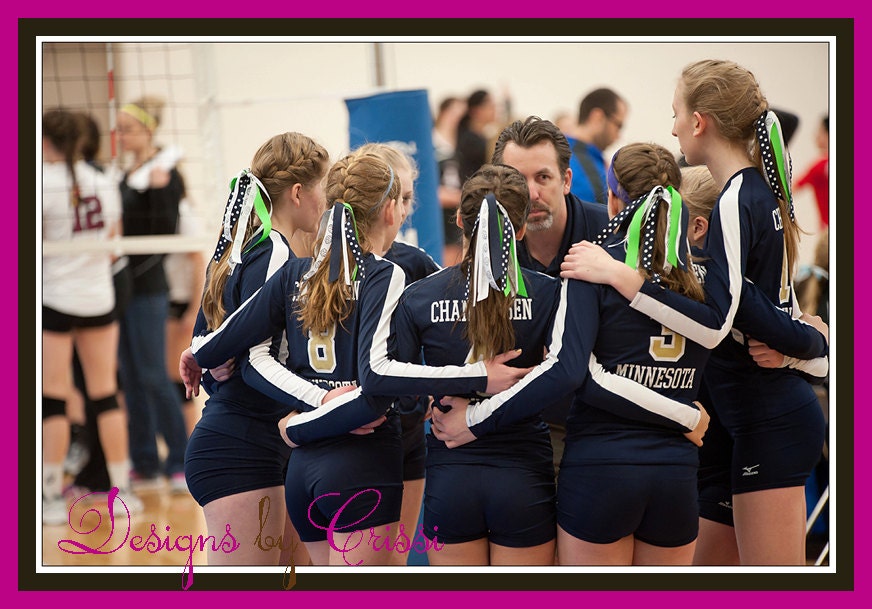 Volleyball Ponytail Holder Bow Blue White Ribbons Team Hair Ties Streamers