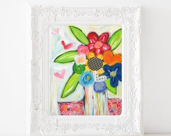 Rainbow flowers, Bright colorful Flower bouquet painting, art print, happy art, 8x10, 11x14 inch art prints