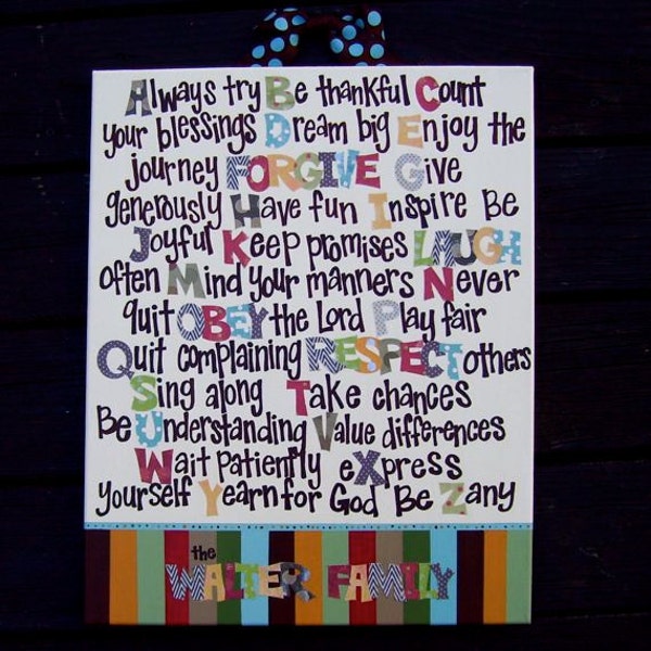 Personalized Family Rules Sign in Earthtones 16 x 20 inch canvas ABC art