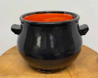 Handmade Porcelain Halloween Cauldron – Black with Orange Interior