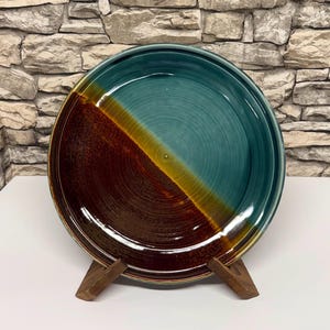 Handmade Porcelain Serving Platter | Large Wheel-Thrown Pottery, Teal Rust Golden Glaze