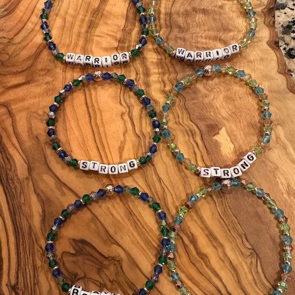 Handmade stretch string - "BRAVE," "STRONG," "WARRIOR,"  Bracelet.  Neurofibromatosis, nf awareness, TheBraveProjectCo, jewelry