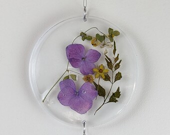 Resin Pressed Flower Art Wall Hanging Hydrangea and Wildflowers