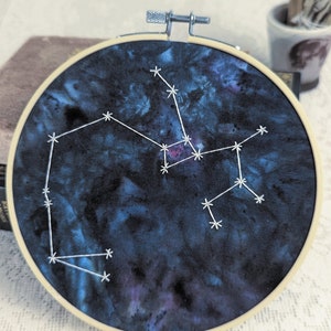 Zodiac Constellation Embroidery - Ice Dyed Fabric Hand Embroidered with Astrological Sign Constellations
