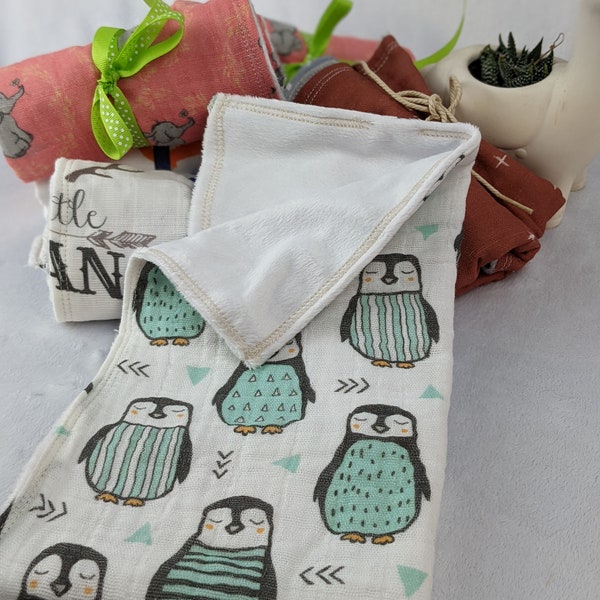 Burp Cloth - 100% Cotton Gauze/Minky Reversible - 12"x18"