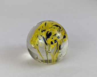 Yellow & Royal Blue Floral Glass Art Paperweight Globe