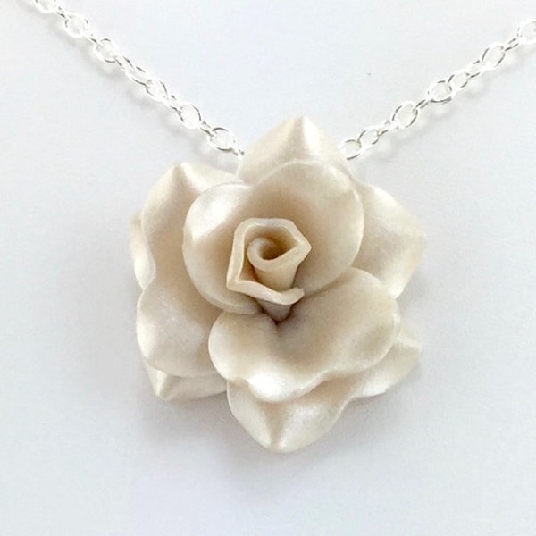 Pearly Rose Pendant - Simple Rose Necklace - Cream, Ivory Rose Necklace - Bridesmaid, Wedding Jewelry - Polymer Clay - MADE to ORDER