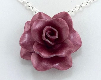 Light Gold/Crimson Rose Pendant - Simple Rose Necklace - Pink Rose Necklace  - Bridesmaid, Wedding Jewelry - Polymer Clay - MADE to ORDER