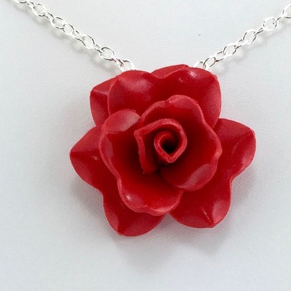 Tomato Red Rose Pendant - Simple Rose Necklace - Red Rose Necklace  - Bridesmaid, Wedding Jewelry - Polymer Clay - MADE to ORDER