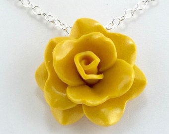 Golden Yellow Rose Pendant - Simple Rose Necklace - Yellow Rose Necklace - Bridesmaid, Wedding Jewelry - Polymer Clay - MADE to ORDER