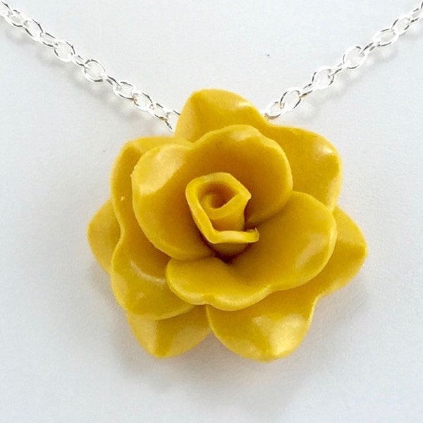 Golden Yellow Rose Pendant - Simple Rose Necklace - Yellow Rose Necklace - Bridesmaid, Wedding Jewelry - Polymer Clay - MADE to ORDER