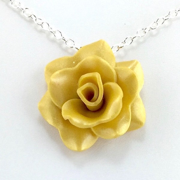 Medium Golden Yellow Rose Pendant - Simple Rose Necklace - Yellow Rose Necklace - Bridesmaid, Wedding Jewelry - Polymer Clay - MADE to ORDER