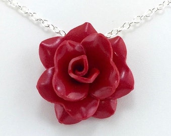 Pomegranate Red Rose Pendant - Simple Rose Necklace - Red Rose Necklace  - Bridesmaid, Wedding Jewelry - Polymer Clay - MADE to ORDER