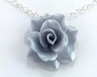 Light Silver Rose Pendant - Simple Rose Necklace - Light Silver Rose Necklace - Bridesmaid, Wedding Jewelry - Polymer Clay - MADE to ORDER