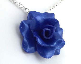 Ultramarine Blue Rose Pendant - Simple Rose Necklace - Royal Blue Rose Necklace - Bridesmaid, Wedding Jewelry - Polymer Clay - MADE to ORDER