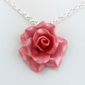 Medium Sunset Pink Rose Pendant - Simple Rose Necklace - Pink Rose Necklace - Bridesmaid, Wedding Jewelry - Polymer Clay - MADE to ORDER