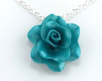 Medium Peacock Blue Rose Pendant - Simple Rose Necklace - Peacock Rose Necklace - Bridesmaid, Wedding Jewelry - Polymer Clay - MADE to ORDER