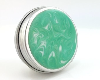 Medium Green, White Treasure Box - Light Green Round Metal Box - Jewelry Box - Trinket Box - Handmade Pill Box - Ready to Ship - #138