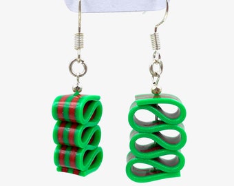 Small Ribbon Candy Earrings - Christmas Dangle Earring - Green & Red Stripe - Holiday Earrings - Handmade, Polymer Clay - RC#4GR