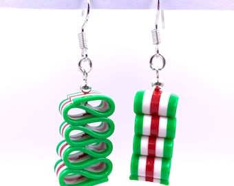 Ribbon Candy Earrings - Christmas Dangle Earring - Green, White & Red Stripe - Holiday Earrings - Handmade, Polymer Clay - RC#2 GWR