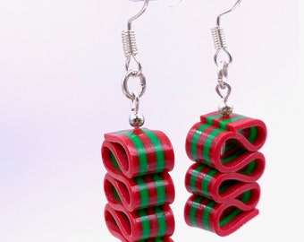 Small Ribbon Candy Earrings - Christmas Dangle Earring - Red & Green Stripe - Holiday Earrings - Handmade, Polymer Clay - RC#4 RG