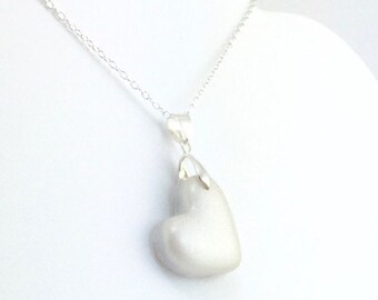 Pearly White Heart Pendant - Simple Heart Necklace - Pearl Heart Necklace  - Wedding Jewelry, Bridesmaid Necklace - MADE to ORDER