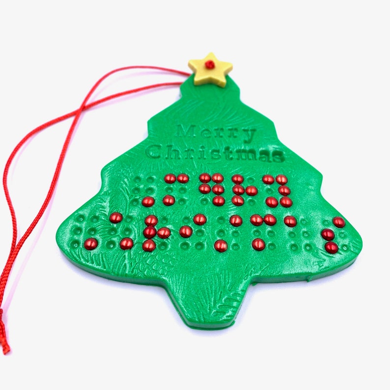 Braille Christmas Tree Ornament Merry Christmas in Red Etsy