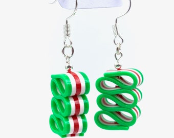 Small Ribbon Candy Earrings - Christmas Dangle Earring - Green, White & Red Stripe - Holiday Earrings - Handmade, Polymer Clay - RC#4 GWR
