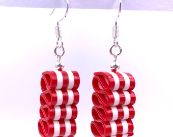 Ribbon Candy Earrings - Christmas Dangle Earring - Red & White Stripe - Holiday Earrings - Handmade, Polymer Clay - RC#2 RW