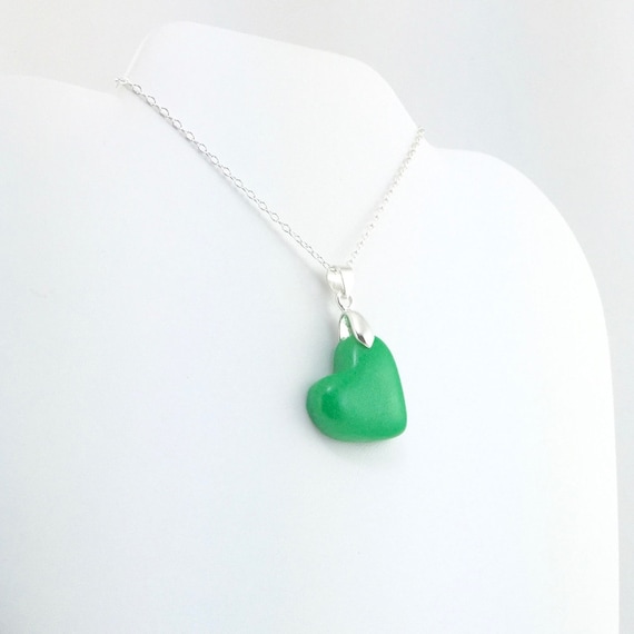 Dark Green Clay Heart Pendant Simple Necklace - Green Heart Pendant Dark Green Clay Heart Pendant Simple Necklace - Green Heart Pendant