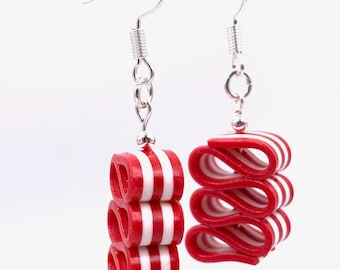 Small Ribbon Candy Earrings - Christmas Dangle Earring - Red & White Stripe - Holiday Earrings - Handmade, Polymer Clay - RC#4 RW