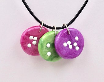 Triple Medium Round Braille Pendant Necklace - 1-2 Letters on Each - Large Dots - Initials, Personalized, Custom - Made to Order
