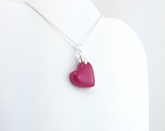Dark Pink Heart Pendant - Simple Clay Heart Necklace - Dark Pink Heart Necklace  - Wedding Jewelry, Bridesmaid Necklace - MADE to ORDER