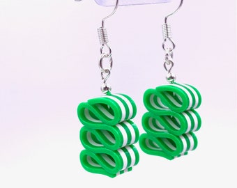 Small Ribbon Candy Earrings - Christmas Dangle Earring - Green & White Stripe - Holiday Earrings - Handmade, Polymer Clay - RC#4 GW
