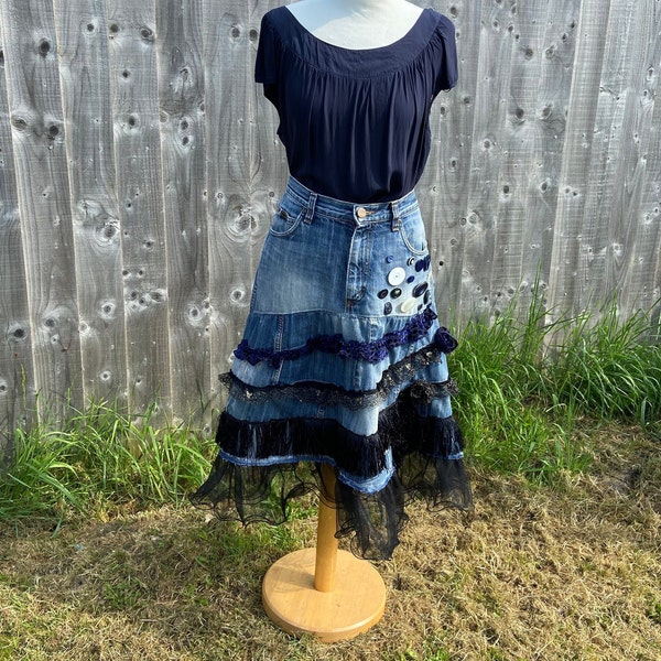 Unique denim skirt one of a kind upcycled slow fashion fun
