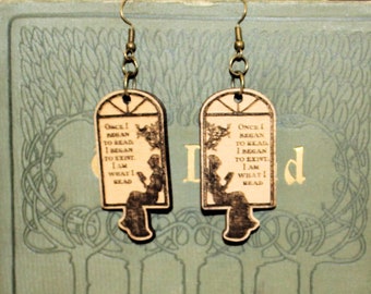 Reader Earrings, laser engraved wood