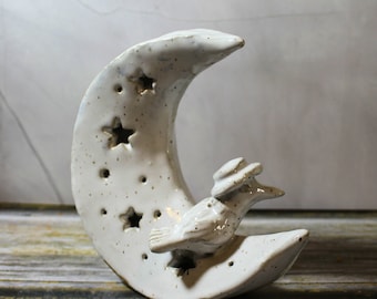 Ceramic Moon with Crow, white luminary