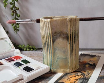 Paint Water Cup: Rounded Square glazed greens