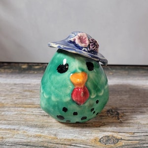 Handmade Ceramic Chicken - blue with hat