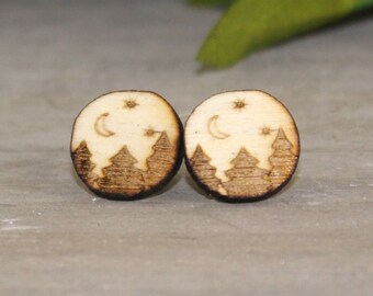 Moon and Forest Wooden Stud Earrings